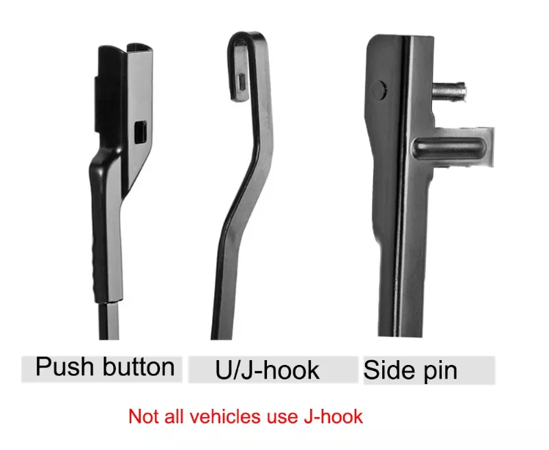 Different wiper connector types including push button, side pin, and J-hook adapters