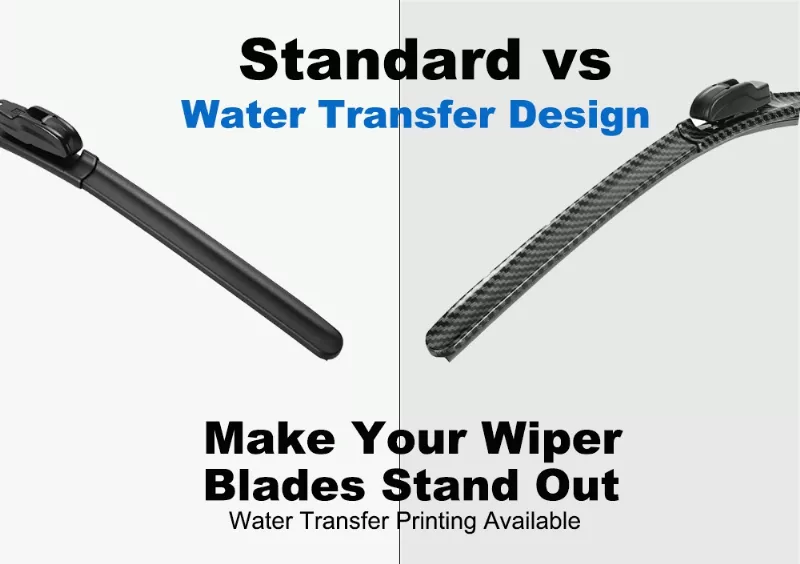 Standard vs custom wiper blades with water transfer printing showing visual differentiation for distributors