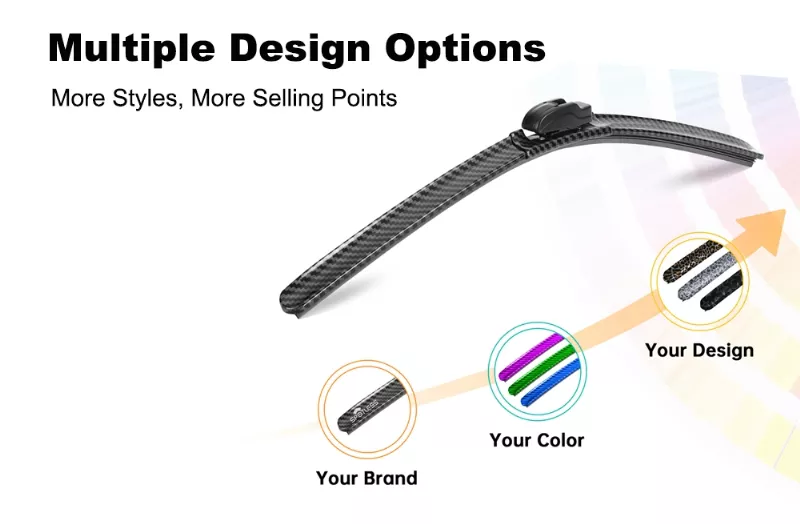 Custom wiper blade design options including carbon fiber, camouflage and metallic patterns for private label projects