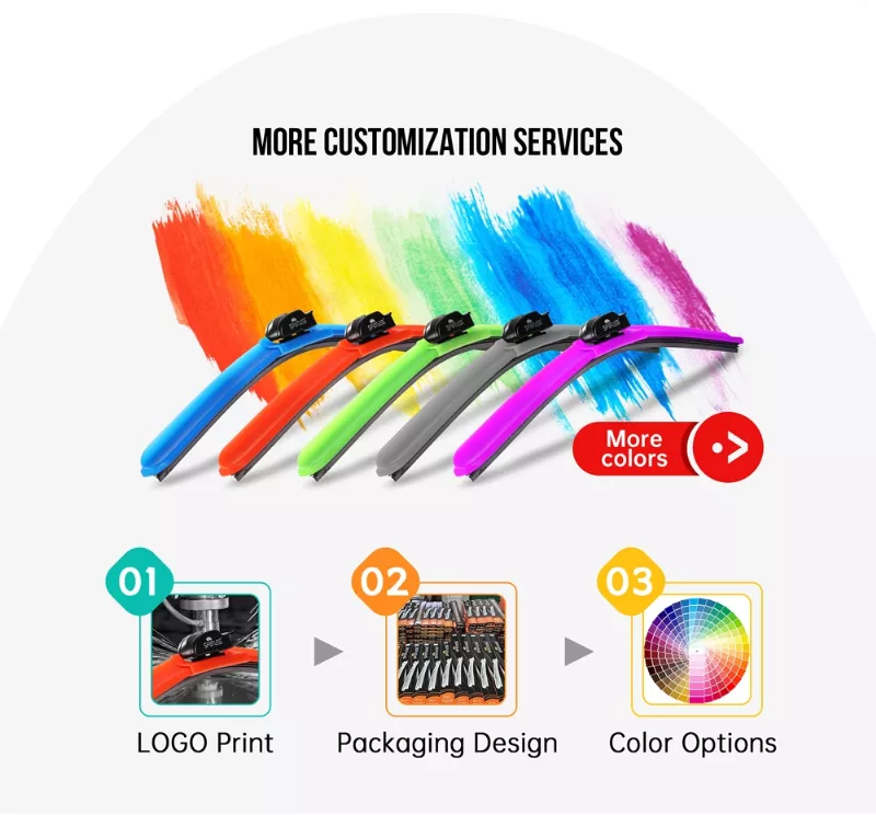 OEM wiper blade customization including logo printing, color options and water transfer patterns