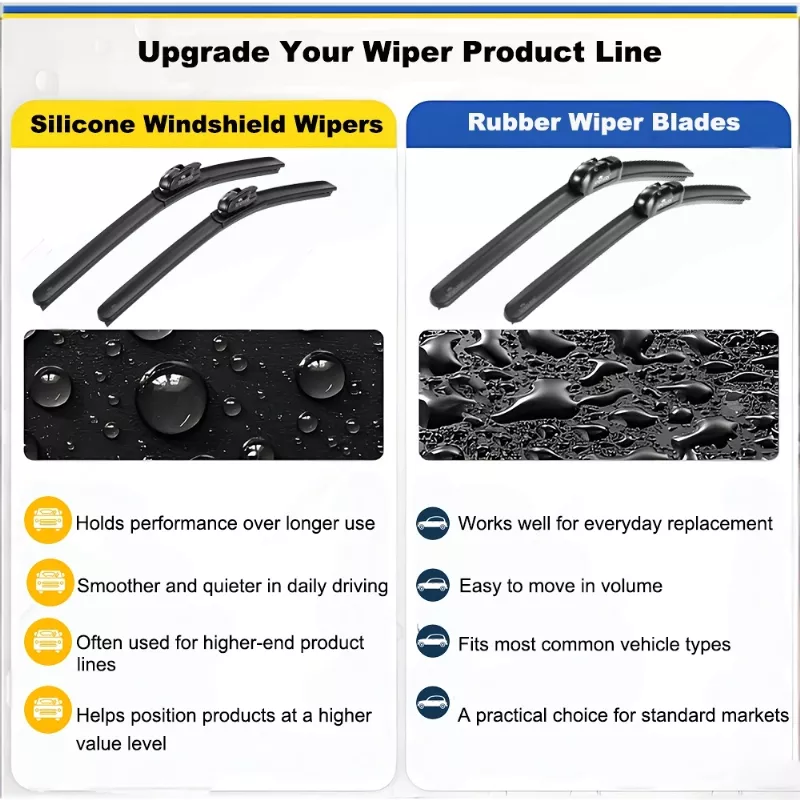 silicone windshield wipers positioned as premium upgrade compared to standard rubber wipers in aftermarket product lines