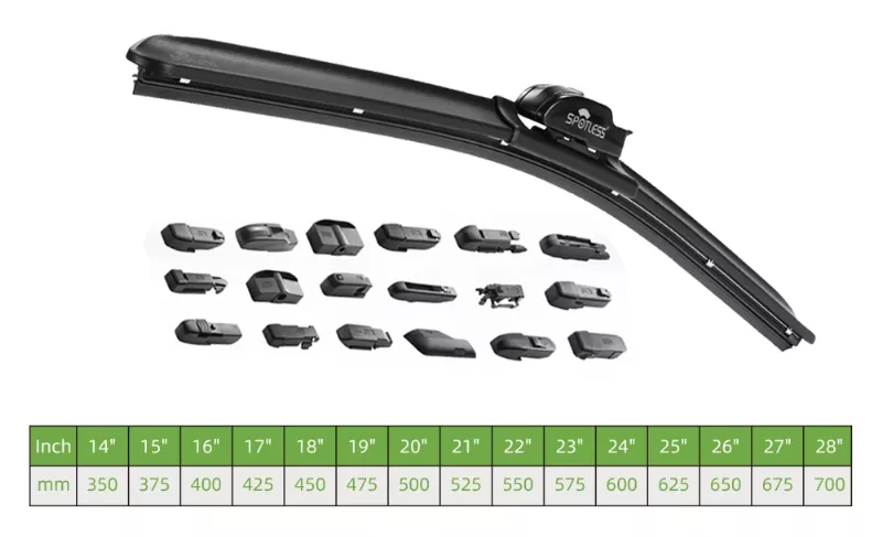 rubber wiper blades with multiple sizes and universal adapters for aftermarket compatibility
