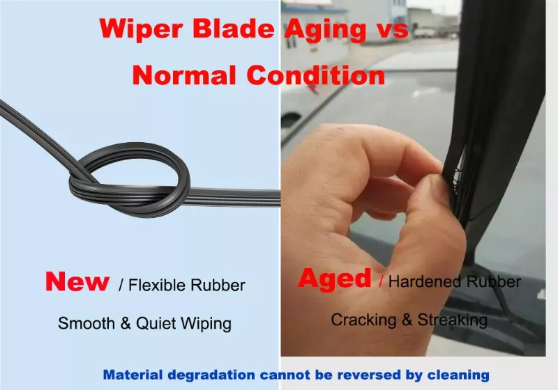 wiper blade rubber aging and cracking close-up showing hardened edge