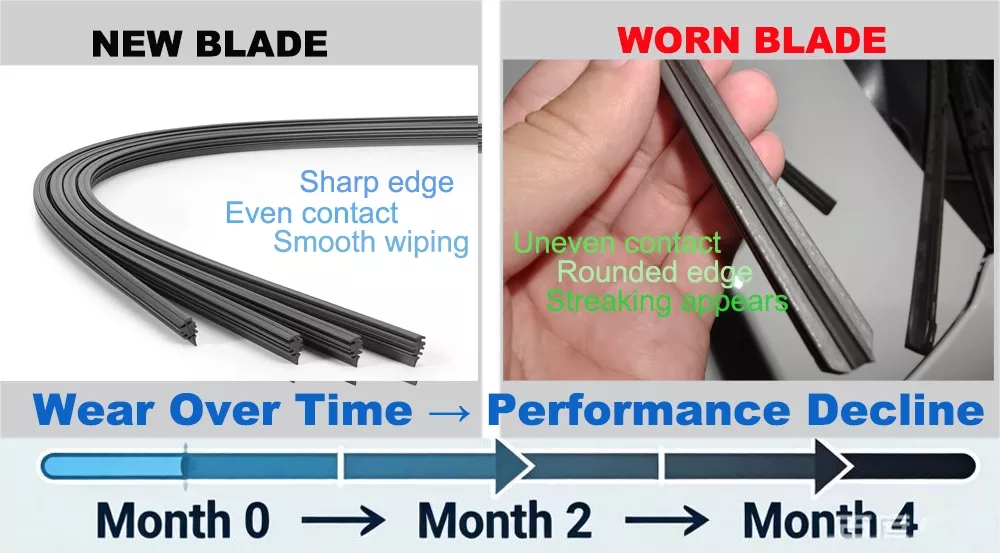 wiper blade rubber wear comparison new vs worn edge showing cause of streaking and reduced performance
