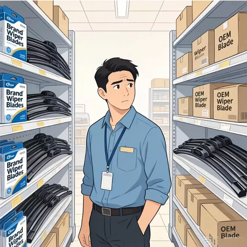 Wiper blade distributor comparing branded and OEM windshield wiper products during procurement decision process