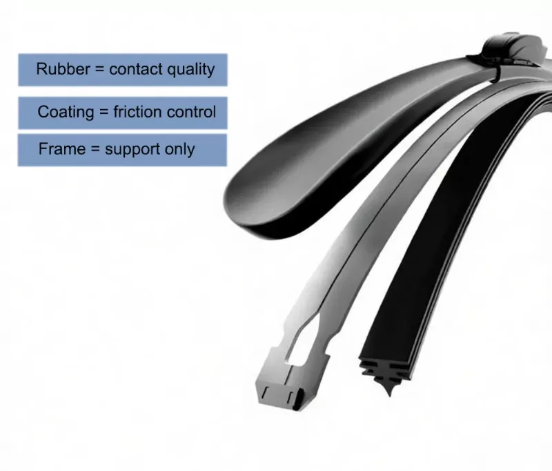 Windshield wiper blade structure diagram showing rubber coating and frame components affecting wiping performance