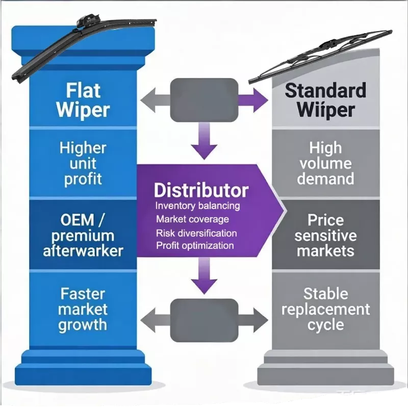 windshield wiper blades distributor inventory strategy OEM wholesale mix flat and standard