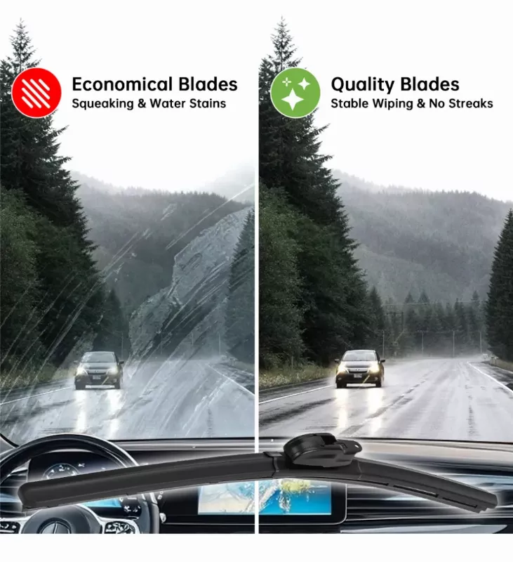 Beam windshield wiper blade providing clear visibility during heavy rain driving