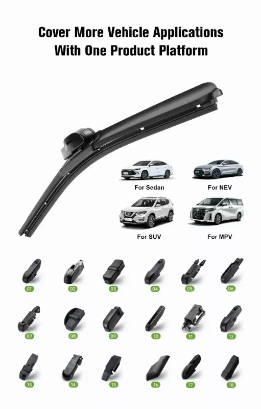 Frameless wiper blade with multi-fit adapters covering Japanese Korean and European vehicles