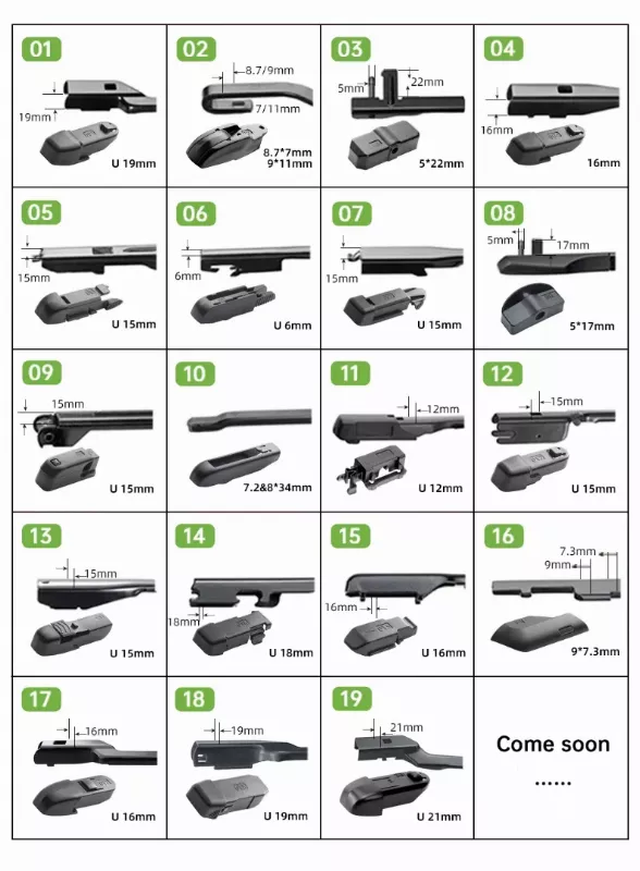 19 Adapter Multi-Fit Wiper Blade System Covering 97 Percent of Passenger Vehicles