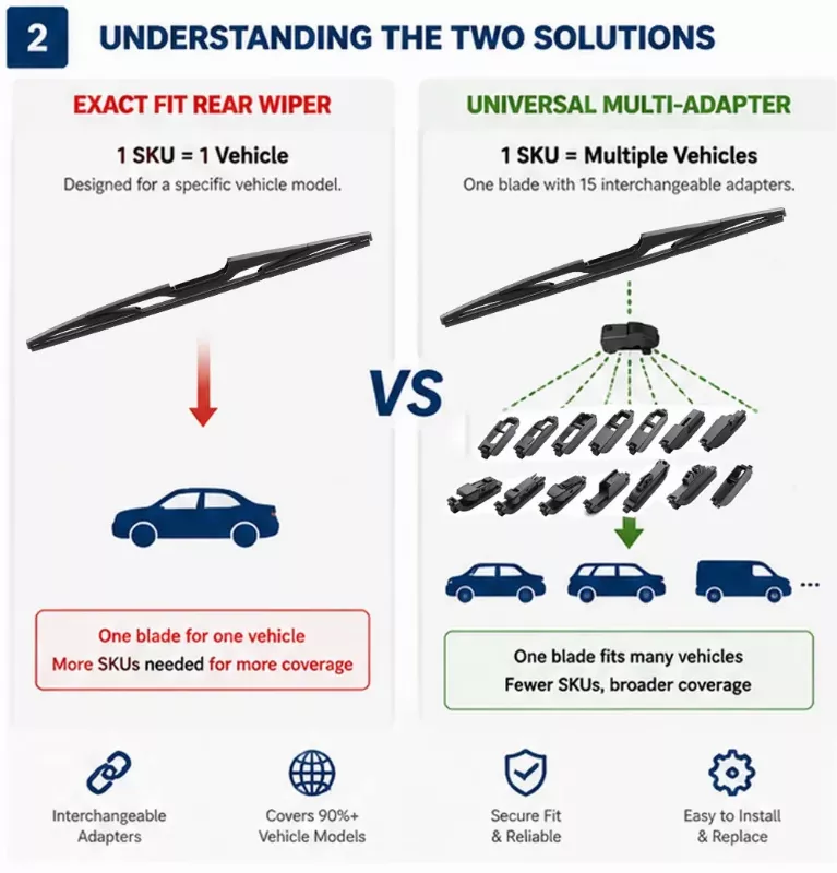comparison diagram showing exact fit rear wiper one SKU per vehicle versus universal rear wiper with 15 adapters multi vehicle coverage