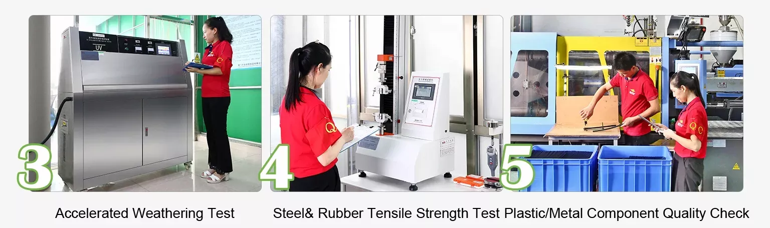 Accelerated UV weathering test, steel and rubber tensile strength test, and plastic metal component quality inspection for OEM wiper blade performance and structural reliability
