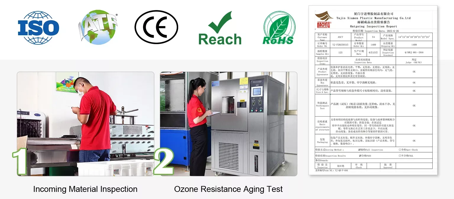 Incoming material inspection and ozone resistance aging test for OEM windshield wiper blade raw materials ensuring rubber durability and stability