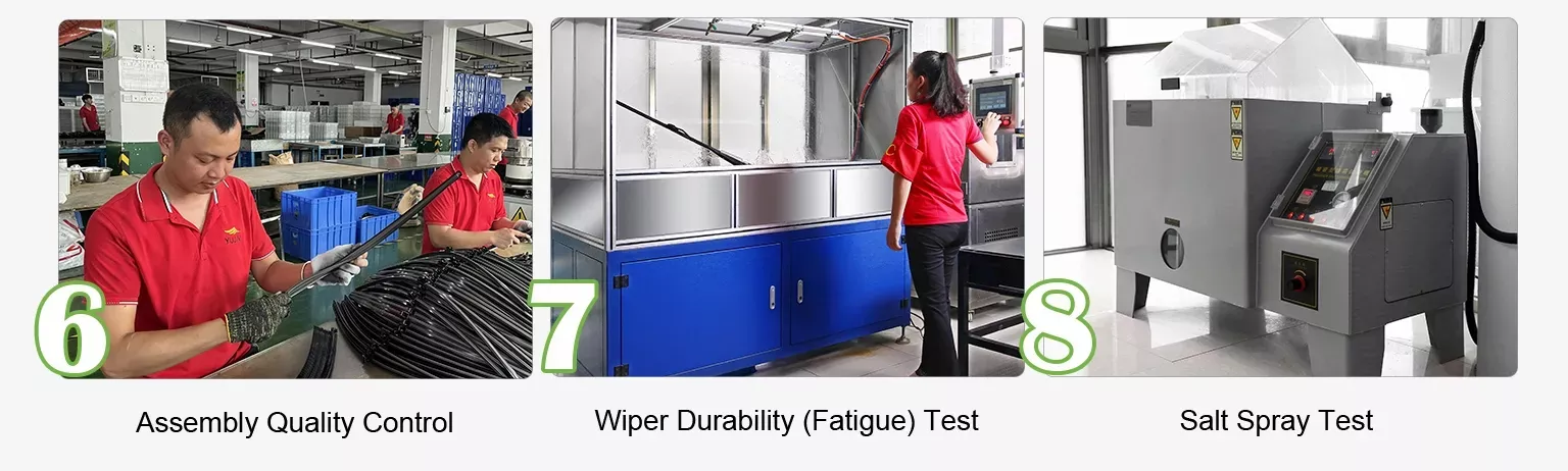 Assembly quality control, wiper durability fatigue testing, and salt spray corrosion resistance test for OEM windshield wiper blade manufacturing quality assurance
