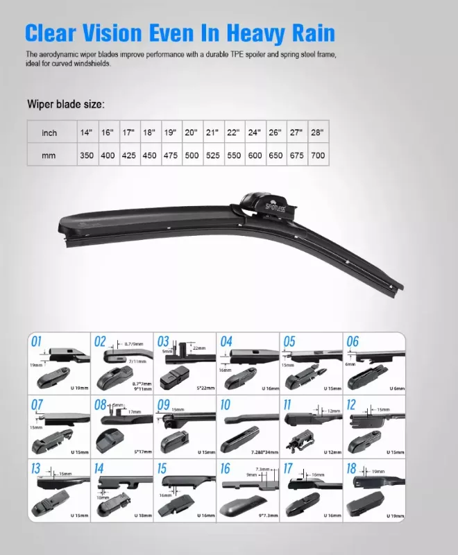 FA06 multi-fit beam windshield wiper blade with 18 replaceable adapters and size options