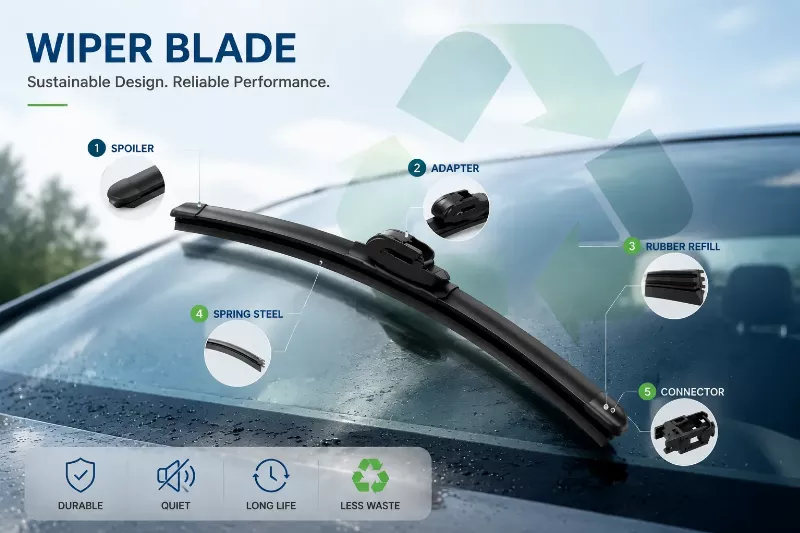 Wiper blade material structure and recyclable components overview