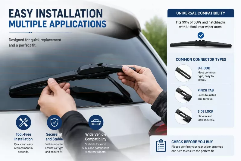 Installing rear wiper blade on vehicle rear window for proper fit and replacement
