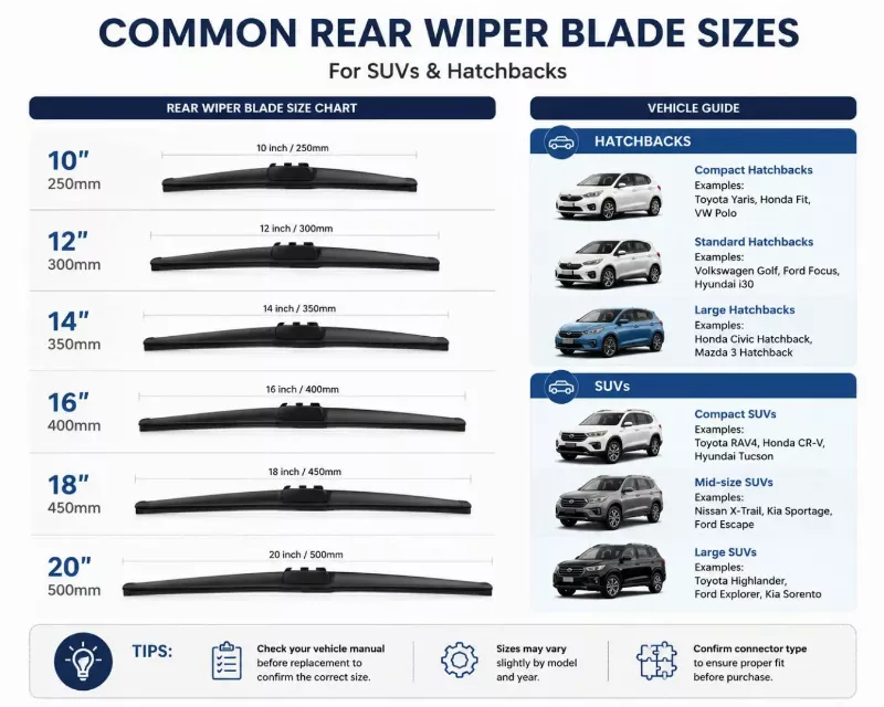Rear wiper blade size guide chart for SUV and hatchback replacement