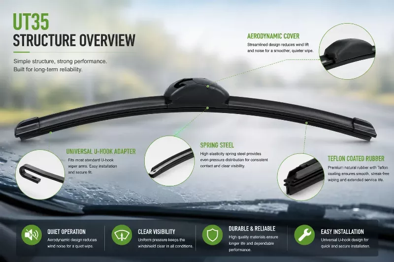 UT35 frameless wiper blade structure with Teflon coated rubber refill