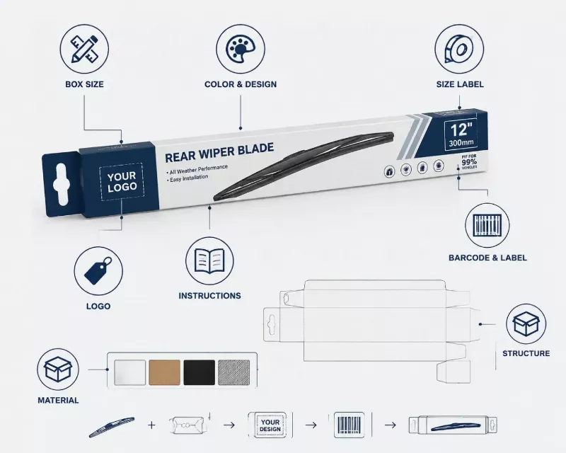 Customized retail set packaging for front and rear wiper blade combo