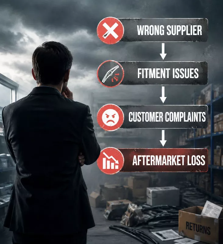 Common risks when choosing a rear wiper blade supplier including fitment issues and aftermarket customer complaints