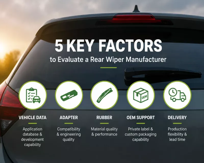 Five key factors to evaluate an OEM rear wiper manufacturer including vehicle data, adapter quality, rubber material, OEM support and delivery capability