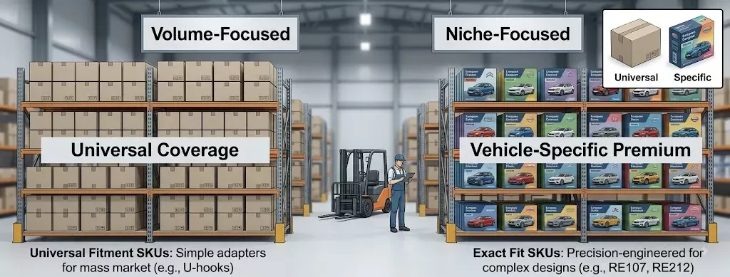 Warehouse inventory strategy mixing universal and vehicle-specific rear wiper SKUs