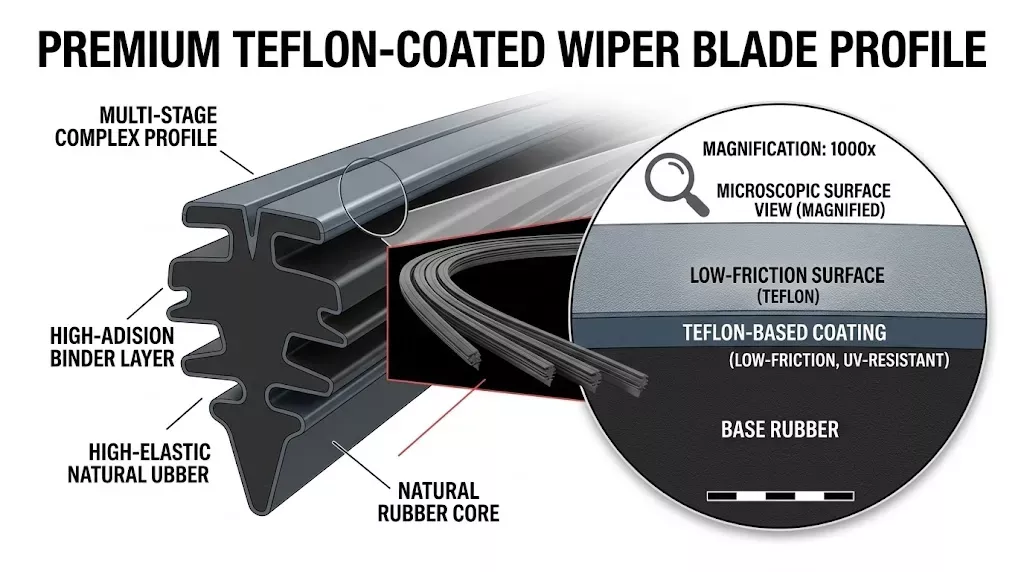 Teflon coating layer structure on wiper blade rubber element