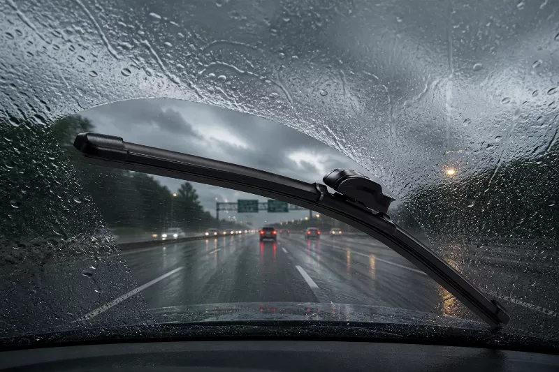 All-weather beam wiper blade wiping curved windshield in heavy rain with clear visibility arc